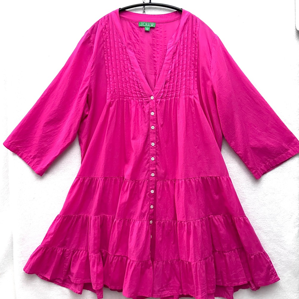 J.Crew L Tiered Mini Dress Pintuck Hot Pink V-Neck 3/4 Sleeve Cotton Barbie